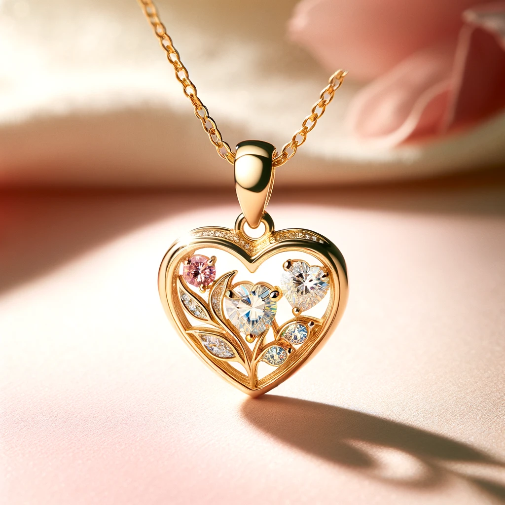A close-up of the Gold Petite Heart Birthstone Pendant against a pastel background.